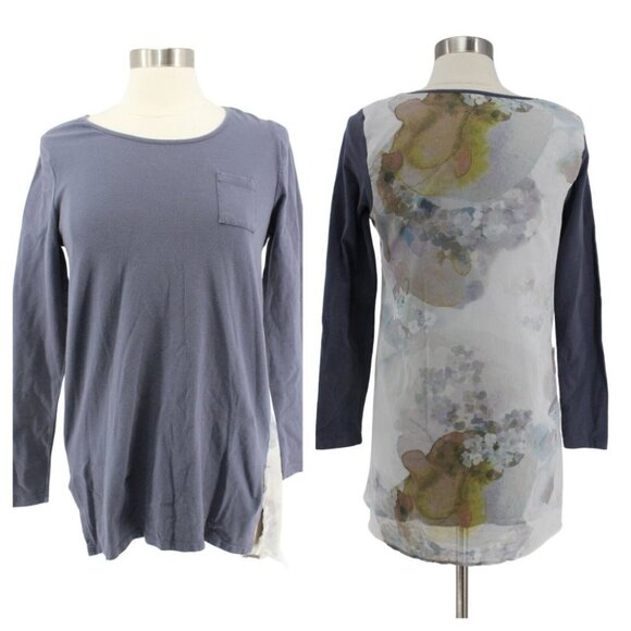 Soft Surroundings Blue Gray Mesh Floral Back Overlay Long Sleeve Knit Top Size S - Picture 5 of 7